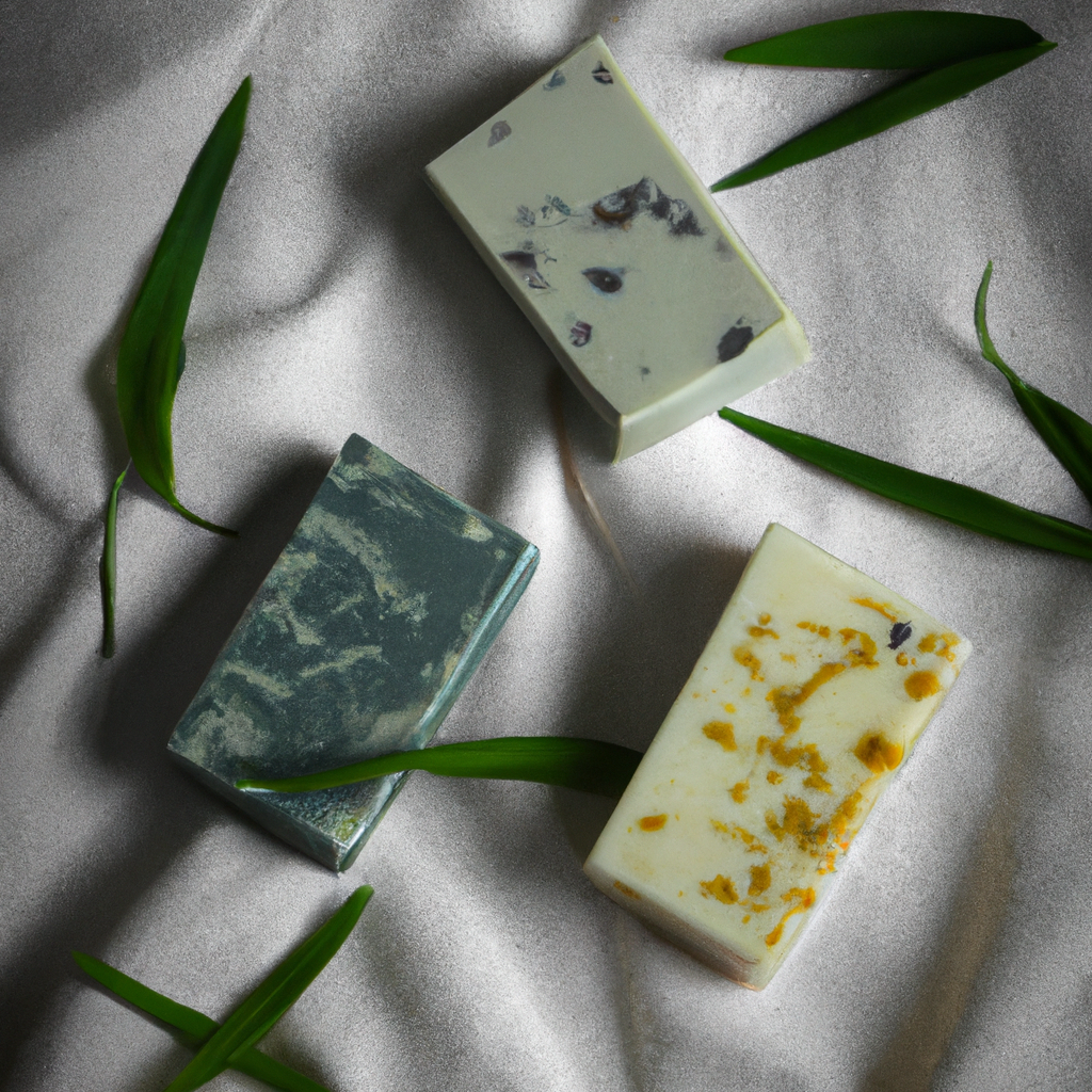 Macro close-up of handmade soap bars in natural colors on linen with greenery, soft daylight, clean minimal aesthetic