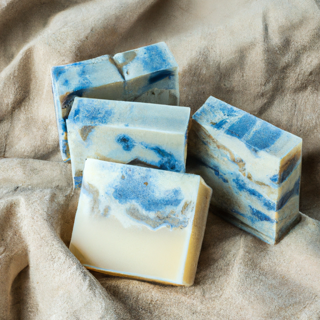 Handmade cold process soap bars on beige linen with subtle botanicals, photographed in natural window light, high detail.