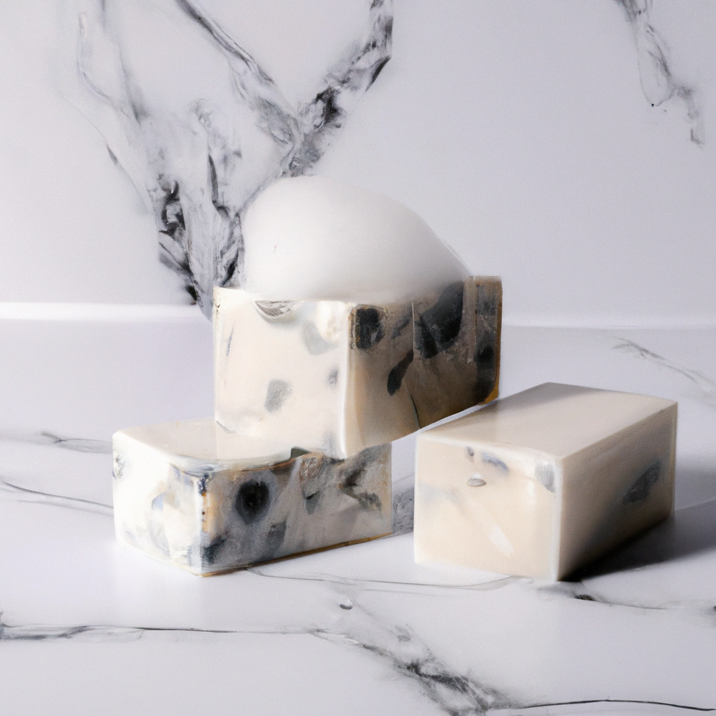 Handmade soap bars with foam bubbles on a marble background